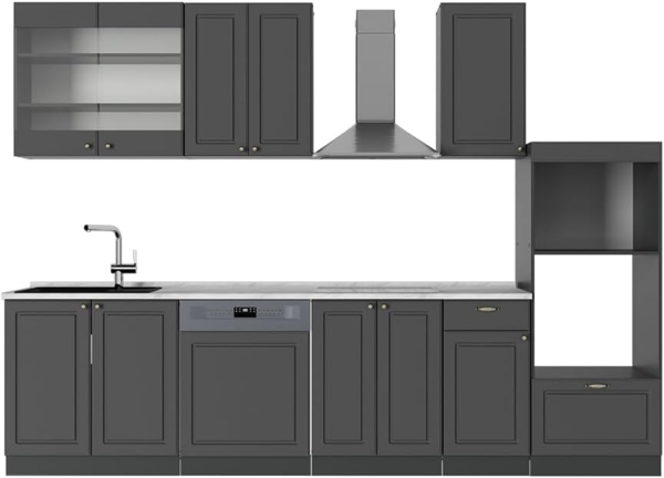 Küchenzeile Fame-Line Anthrazit-Gold Landhaus 300 cm mit Hochschrank, AP Marmor Vicco