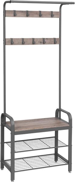Vasagle Garderobenständer, Garderobe, Schuhregal mit Sitzfläche, Kleiderständer mit 9 abnehmbaren Haken, Sitzbank, 2 Gitterablagen, 183 cm hoch, Industrie-Design, greige-grau, HSR40MG