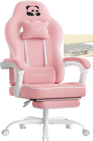 WOLTU Gaming Stuhl mit Taschenfederkissen, Gaming Sessel 150 kg Belastbarkeit, ergonomischer Drehstuhl, Gamer Stuhl mit Kopfkissen, Lendenkissen, Fußstütze, Netzstoff, Rosa, GS16rs