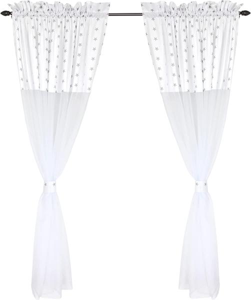 TupTam Kinderzimmer Voile Vorhänge mit Tunnelzug Set, Sterne Weiß/Grau, 140x245 cm