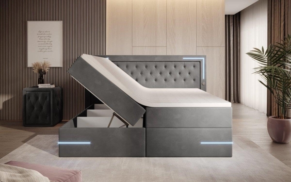 Boxspringbett Carlotta mit LED, Stauraum und USB (Samt) 200x200 Grau H4 (100kg+) Bild 4