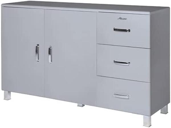 Miami Sideboard mit 2 Türen und 3 Schubladen mit Vollauszug und Soft-Close Beschlägen, Autometallic Lackierung, chromfarbene Griffe, Füsse und Logo aus hochwertigem Autoschriftzug, in weiss