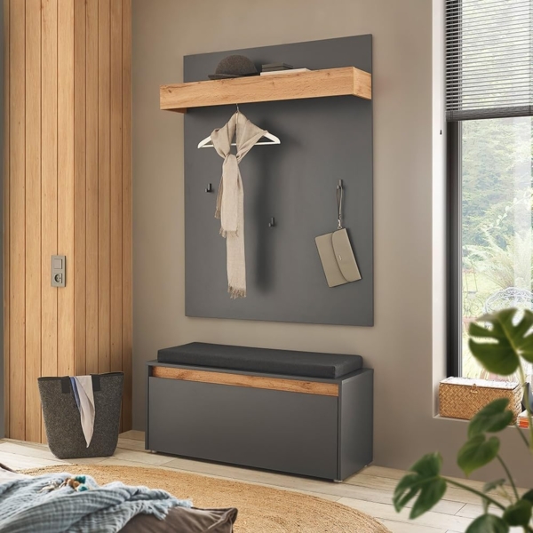 Lomadox Garderoben-Set CRISP-61, (Spar-Set, 2-St, Garderobenpaneel Schuhbank), in anthrazit mit Wotan Eiche Nb, griffloses öffnen