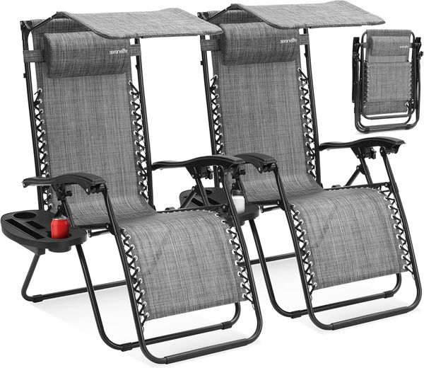 SereneLife Liegestuhl Klappbar 2er Set, Gartenliege Wetterfest für Balkon, Strand, Terrasse & Garten, Campingstuhl mit Sonnendach, Beistelltisch & Getränkehalter, Relaxliege mit Stahlrahmen, Schwarz