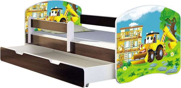 ACMA Kinderbett Jugendbett mit Einer Schublade und Matratze Wenge mit Rausfallschutz Lattenrost II 140x70 160x80 180x80 (20 Bagger, 180x80 + Bettkasten)