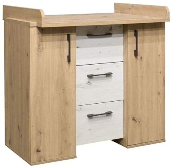 Wickelkommode >Micha< in asteiche Dekor / artisan weiß - 97x92x48 (BxHxT)