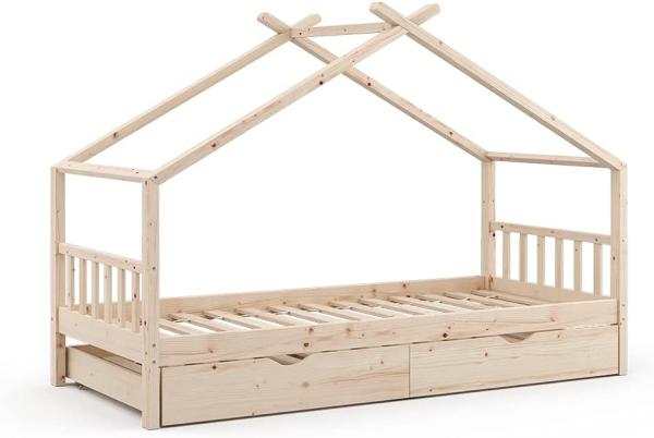 VITALISPA Kinderbett DESIGN Hausbett Gästebett Lattenrost Natur 90x200 Schublade