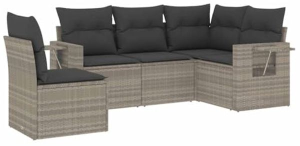 vidaXL 5-tlg. Garten-Sofagarnitur mit Kissen Hellgrau Poly Rattan 3252509