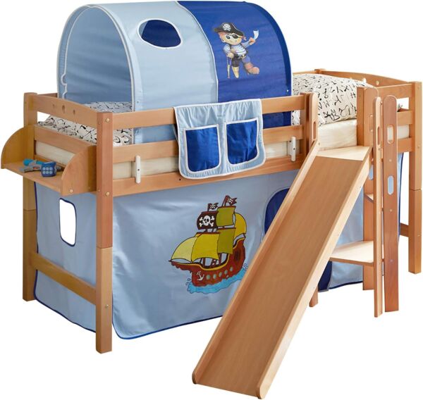Hochbett mit Rutsche "Tino" 90x200 Buche massiv Natur