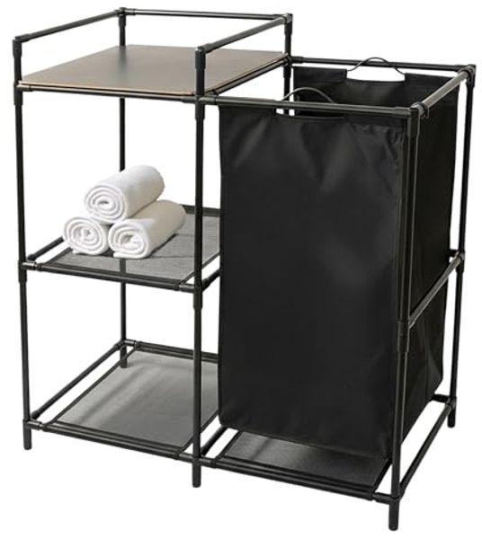 Spetebo Badregal Standregal schwarz mit integriertem Wäschekorb - 69 x 77 cm, Stück 1-tlg, maximale Gesamtbelastung des Regals ca. 12 kg