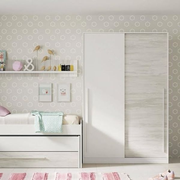 Dmora - Garderobe Downey, Schlafzimmer Kleiderschrank mit 2 Schiebetüren, Schrank mit Kleiderstange und 3 Einlegeböden, cm 120x50h200, Altweiß