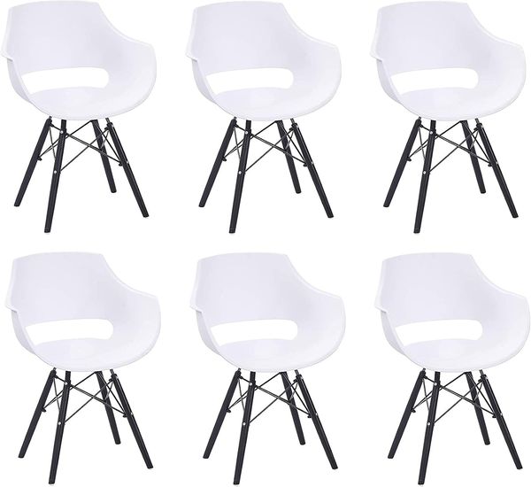 SAM 6er Set Schalenstuhl Lea, Weiß, ergonomisch geformte Sitzschale aus Kunststoff, bequemer Esszimmerstuhl im Retro-Design, schwarzes Holzgestell