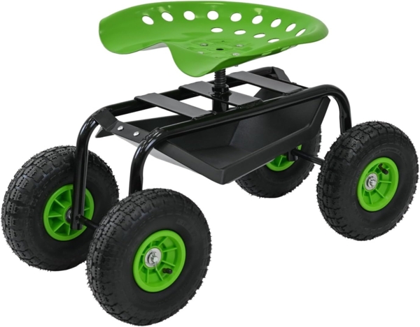 Gartenscooter mit Ablage Stahl 150 kg Sitzhöhe 44-52 cm Sitz 360° drehbar Lufträder in Schwarz-grün