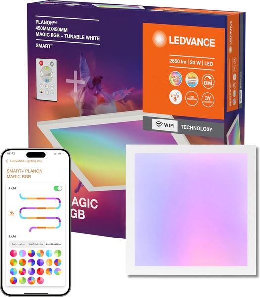 LEDVANCE SMART + WIFI PLANON MAGIC LED Panelleuchte, weiß, 24W, 2400lm, Weißlichtfunktion, dimmbar, dynamischer Magic-RGB Lichteffekt, lange Lebensdauer, App-steuerbar, einfache Montage, 2700-6500K