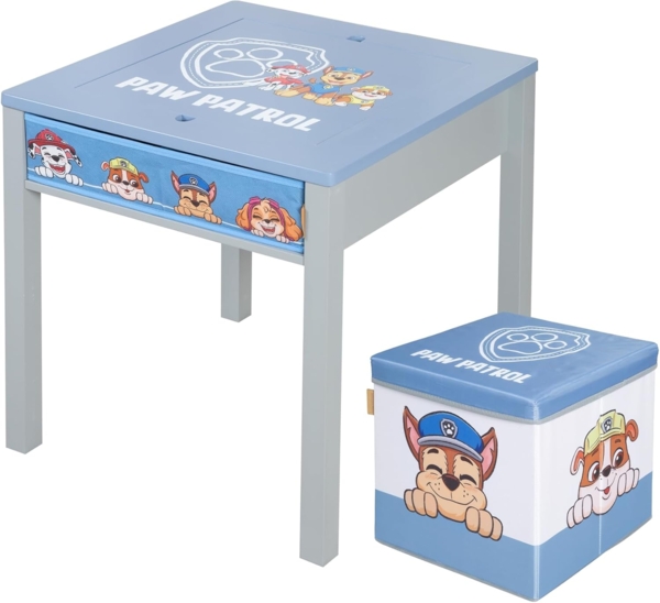 roba Kindersitzgruppe Paw Patrol - Tisch mit Wendeplatte + Sitzhocker für Kinder ab 18 Monaten - Sitzmöbel im Motiv der Zeichentrick Hunde - Holz grau / blau