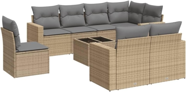 vidaXL 9-tlg. Garten-Sofagarnitur mit Kissen Beige Poly Rattan 3251586