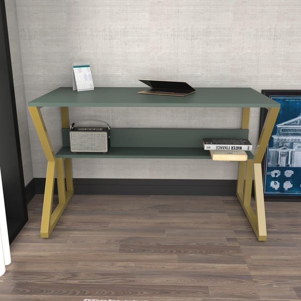 Elegant Study Desk, Green & Gold, 120 x 72.8 x 60 cm | 100% Melamine Coated Particle Board, 18 mm Thick | Perfect for Modern Home Office & Study