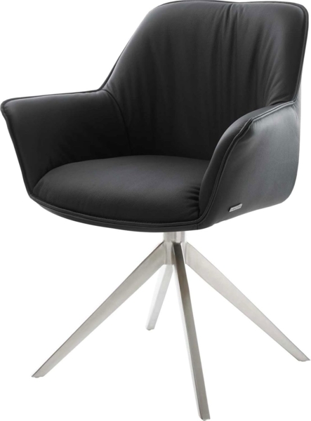 Esszimmerstuhl Keila-Flex mit Armlehnen Echt-Leder Schwarz Kreuzgestell breit Edelstahl Bild 1