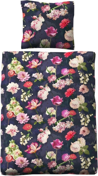 JACK Bettwäsche 135x200cm Blumen Bunt Dunkelblau, Biber, 2 teilig, tolles farbenfrohes Blumendesign mit Reißverschluss