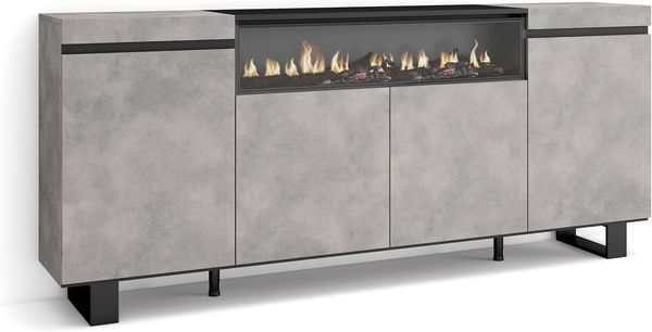 Skraut Home | Sideboard, Highboard | Kommode, Komodenschrank | 200 x 87 x 35 cm | 4 Türen | Elektrokamin. Maße | Industriedesign | Moderner Stil | Zement