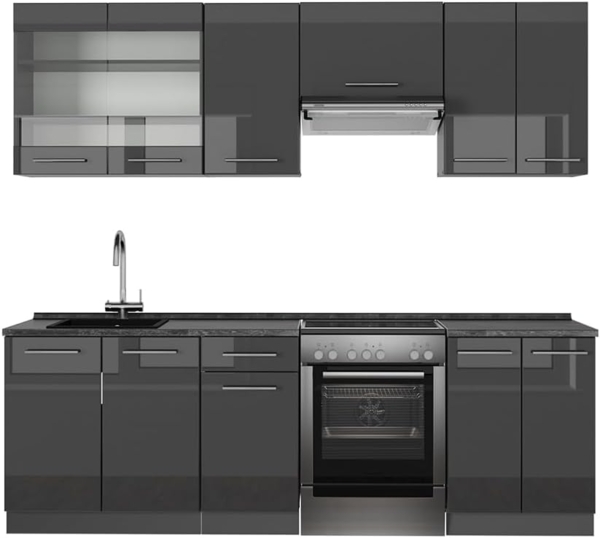 Küchenzeile Fame-Line Anthrazit Hochglanz 240 cm ohne Arbeitsplatte Vicco