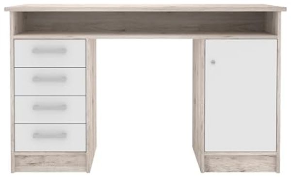 Forte Net 106 4 Schubladen und 1 Tür, Holzwerkstoff, Sandeiche/Weiß, B x H x T, 8x55 cm Schreibtisch, 126 x 75,8 x 55
