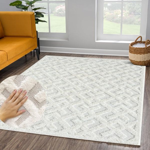 Teppich Wohnzimmer Hochflor - 140x200cm - Einfarbig - Pastell Creme - Boho - Modern Geo Muster- Skandinavisch Flauschig Weich - Schlafzimmer