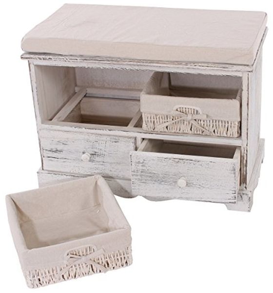 Garderobe mit Sitzbank Kommode mit 2 Körben 42x62x33cm, Shabby-Look, Vintage ~ weiß Bild 4
