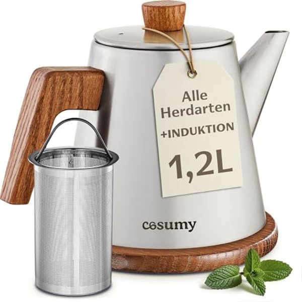 Cosumy Teekanne mit Siebeinsatz und Untersetzer - Edelstahl & FSC Holz - Induktion, 1,2 l, (Set, 1-St, Teekanne mit Siebeinsatz und Untersetzer), Kanne mit Sieb für Tee - Induktion - Tropffrei - Hält lange warm
