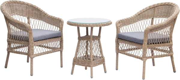 riess-ambiente Balkonset ELYSEE natur / grau Aluminium Polyrattan · Outdoor-Set für 2 Personen, (Set, 3-tlg), 2 Stühle & 1 Glastisch mit Kissen · witterungsbeständig · 2 Personen