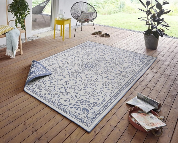 In- & Outdoor Wendeteppich Leyte Blau Creme - 200x290x0,5cm