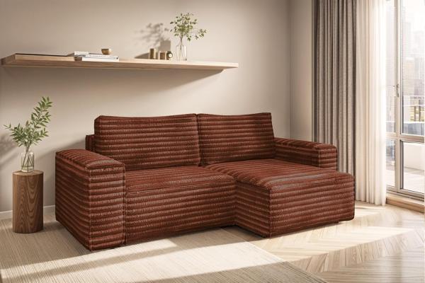 Ecksofa Schlafsofa MADLEN Stoff Velo Rostbraun Ottomane Rechts