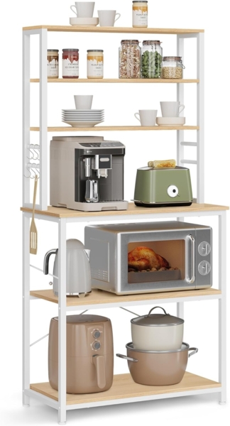 Vasagle Küchenregal mit Ablagen und 6 Haken, Stahl eichenfarben-weiß, 80 x 40 x 167 cm