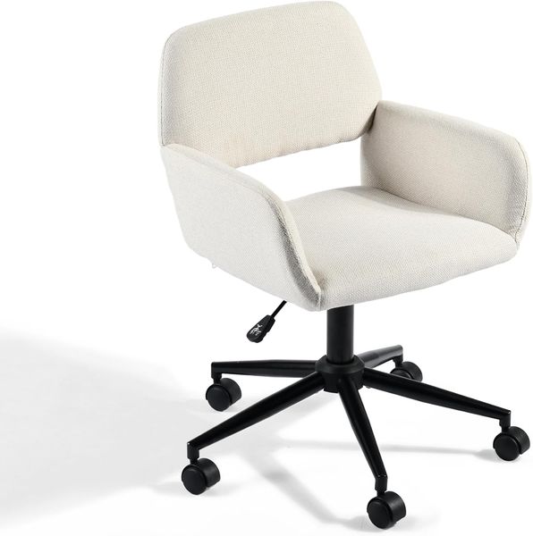 39F FURNITURE DREAM Skandinavischer Bürostuhl aus Stoff, beige, drehbar, höhenverstellbar und 5 Rollen für Kinder, die zu Hause Arbeiten, 56,5 x 57,5 x 75-85 cm