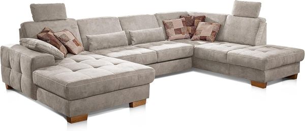 CAVADORE Wohnlandschaft Puccino mit Federkern, Bettfunktion, Bettkasten, Sitztiefenverstellung und 2 Kopfstützen / Sofa in U-Form im Landhausstil / 340 x 86 x 224 cm / Mikrofaser Creme