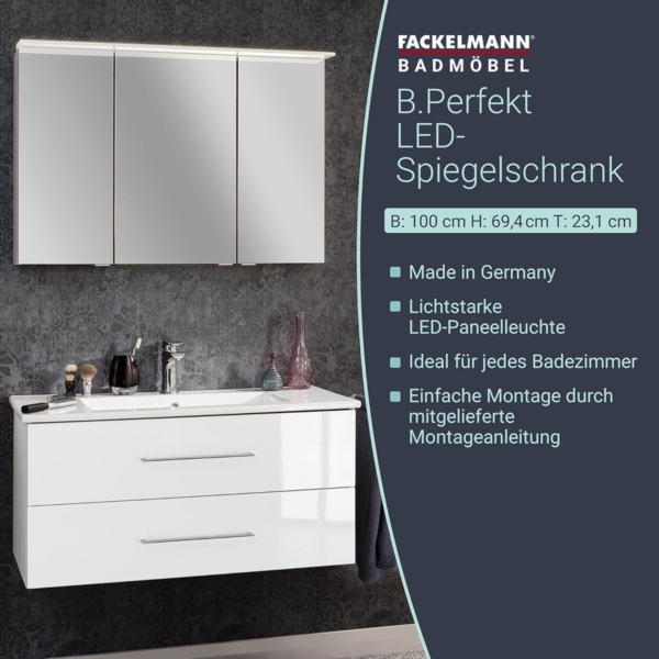 Fackelmann B.PERFEKT LED Spiegelschrank 100 cm breit, Weiß Bild 3