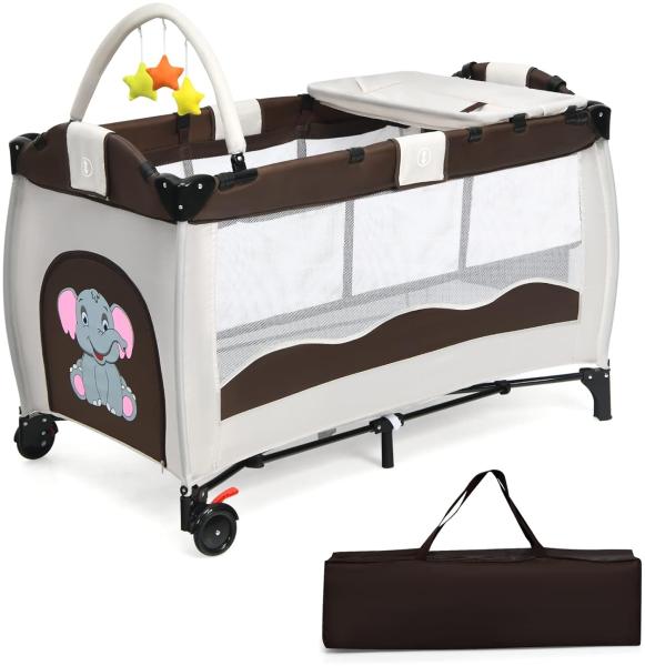 COSTWAY Reisebett klappbar Babyreisebett Kinderreisebett mit Rollen Babybett Kinderbett inkl. Spielbogen Tragetasche Wickelauflage Braun