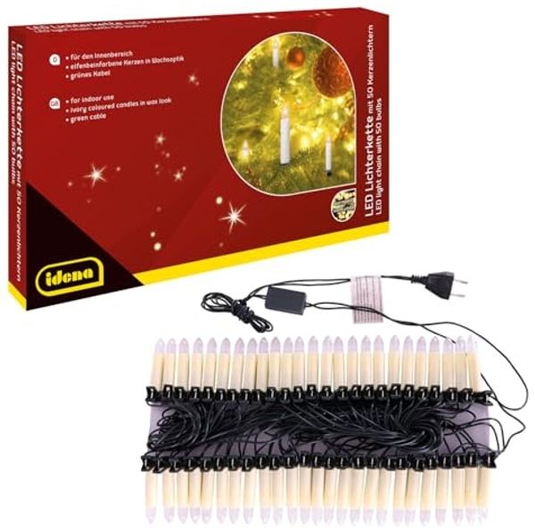 Idena 31839 - LED Lichterkette mit 50 Kerzenlichtern, elfenbeinfarbene Kerzen mit Befestigungs-Klemmen, ca. 26 m lang, Deko für Innen, Weihnachtsdeko und Beleuchtung für den Weihnachtsbaum