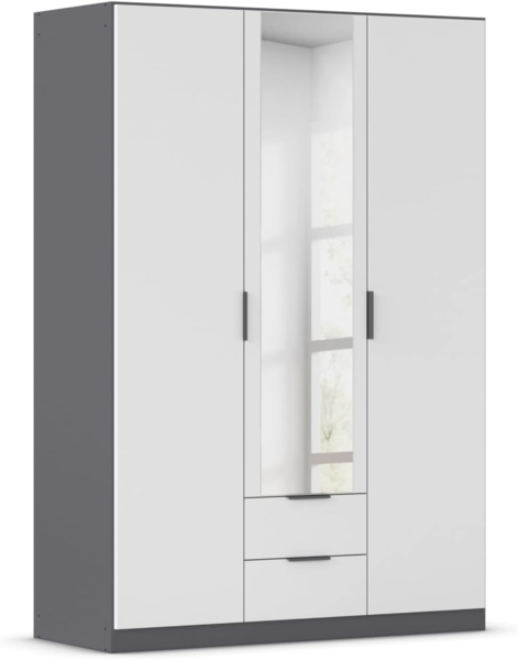 Rauch Möbel Lagoa, Kleiderschrank, Garderobe für Schlafzimmer, Kinderzimmer, Jugendzimmer 3-türig mit Spiegel, 2 Schubladen, mit Zubehör Premium, Farbe Weiß/Grau metallic, Schwarz, Breite 136 cm