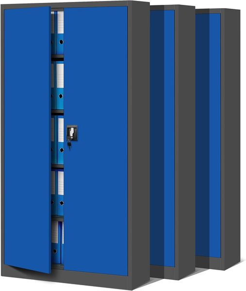Jan Nowak 3er Set Aktenschrank C001 Metallschrank Stahlschrank Werkzeugschrank Büroschrank Lagerschrank Universalschrank Pulverbeschichtung Flügeltüren 185 x 90 x 40 cm (anthrazit/blau)
