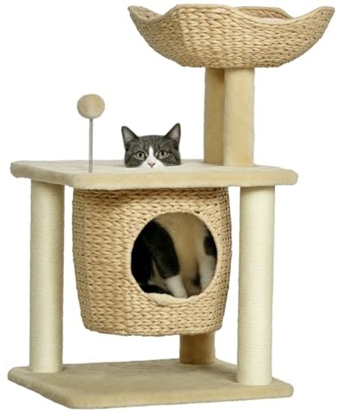 PawHut Kratzbaum Kratzmöbel mit Katzenhöhle, Spielball, Kletterturm mit Bett, für Wohnzimmer, Beige