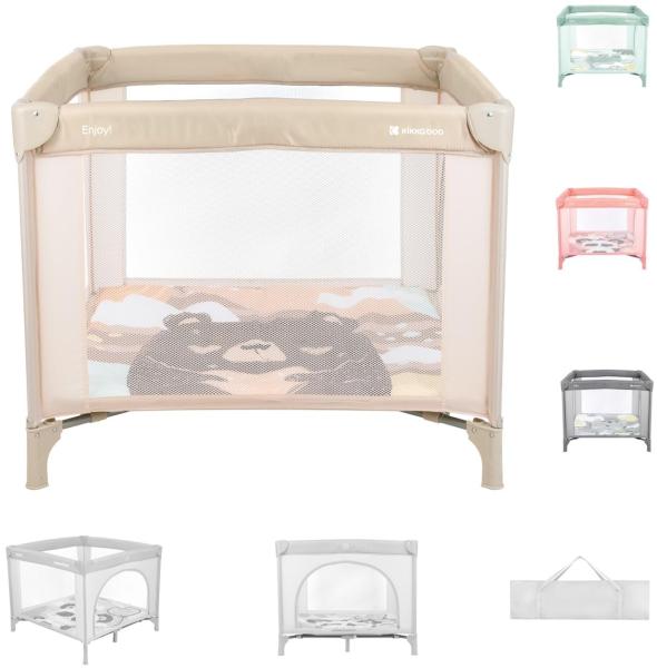 Kikkaboo Laufstall Enjoy Reisebett klappbar, Matratze, Sichtfenster, Tragetasche beige/braun