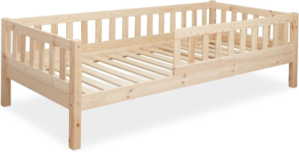 Ehrenkind Kinderbett mit Rausfallschutz aus massivem Kieferholz, Kinderbett 90x200 cm (zeitlos, hochwertig und auch für ältere Kinder geeignet, aus FSC zertifiziertem Holz), Jugendbett, Kinderbett mit Rausfallschutz