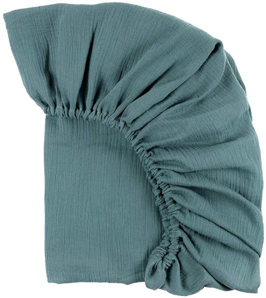 KraftKids Spannbettlaken Musselin Musselin nilblau aus 100% Baumwolle in Größe 120x60 cm, handgearbeitete Matratzenbezug gefertigt in der EU Bild 1