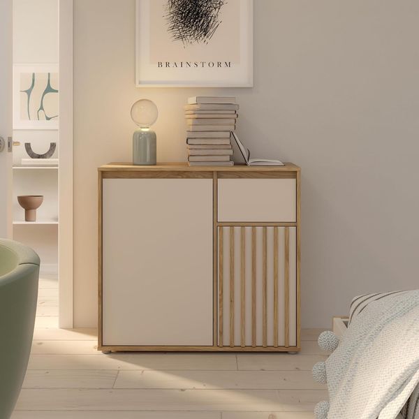 Forte ELISTON Kommode 90, moderne Kommode mit Lamellendesign, 2-türig, 1 Schublade, Wohn-/Schlafzimmer, Mauvella Eiche Holzdekor|Kashmir Beige, 89 cm breit x 81,7 cm hoch x 41,5 cm tief