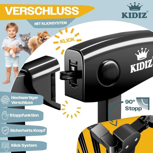 KIDIZ® Schutzgitter für Treppen | Tür, Auto Close Kindertreppengitter ohne Bohren | 90° Stop, Absperr Türschutzgitter, schwenkbare Trennwand, Treppenschutzgitter, Klemmen SCHWARZ BASISTEIL Bild 2