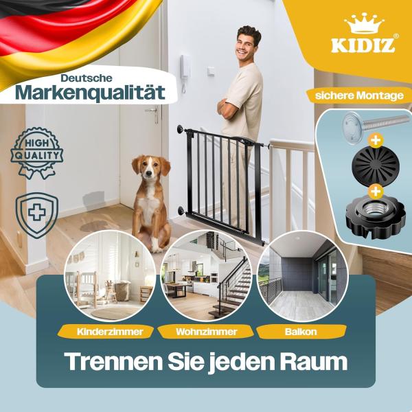 KIDIZ® Schutzgitter für Treppen | Tür, Auto Close Kindertreppengitter ohne Bohren | 90° Stop, Absperr Türschutzgitter, schwenkbare Trennwand, Treppenschutzgitter, Klemmen SCHWARZ BASISTEIL Bild 4