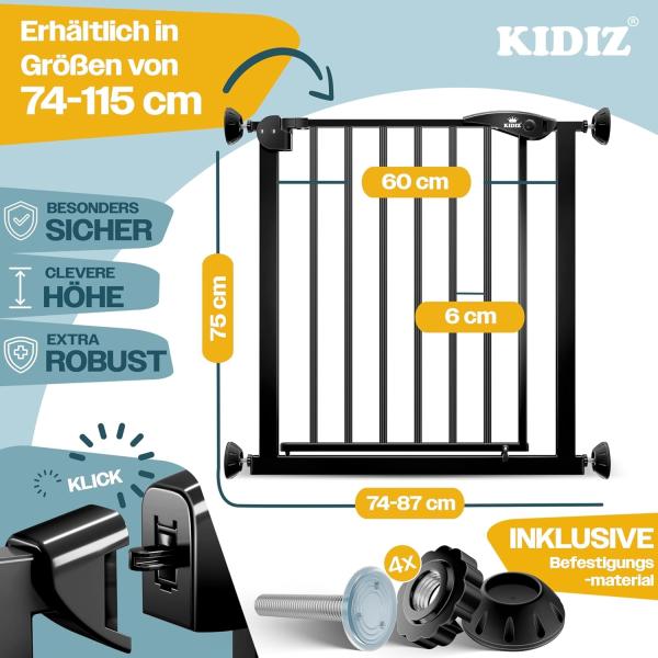 KIDIZ® Schutzgitter für Treppen | Tür, Auto Close Kindertreppengitter ohne Bohren | 90° Stop, Absperr Türschutzgitter, schwenkbare Trennwand, Treppenschutzgitter, Klemmen SCHWARZ BASISTEIL Bild 5