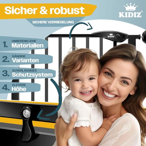 KIDIZ® Schutzgitter für Treppen | Tür, Auto Close Kindertreppengitter ohne Bohren | 90° Stop, Absperr Türschutzgitter, schwenkbare Trennwand, Treppenschutzgitter, Klemmen SCHWARZ BASISTEIL Bild 7