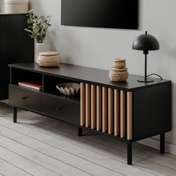 Finori Monza 56A TV-Board, schwarz / Dekor Artisan Oak | TV-Board für Wohnzimmer | Maß: B x H x T ca. 138 x 49 x 40 cm | TV-Board mit 1 Tür, 2 Schubkästen und 2 Fächern Bild 4